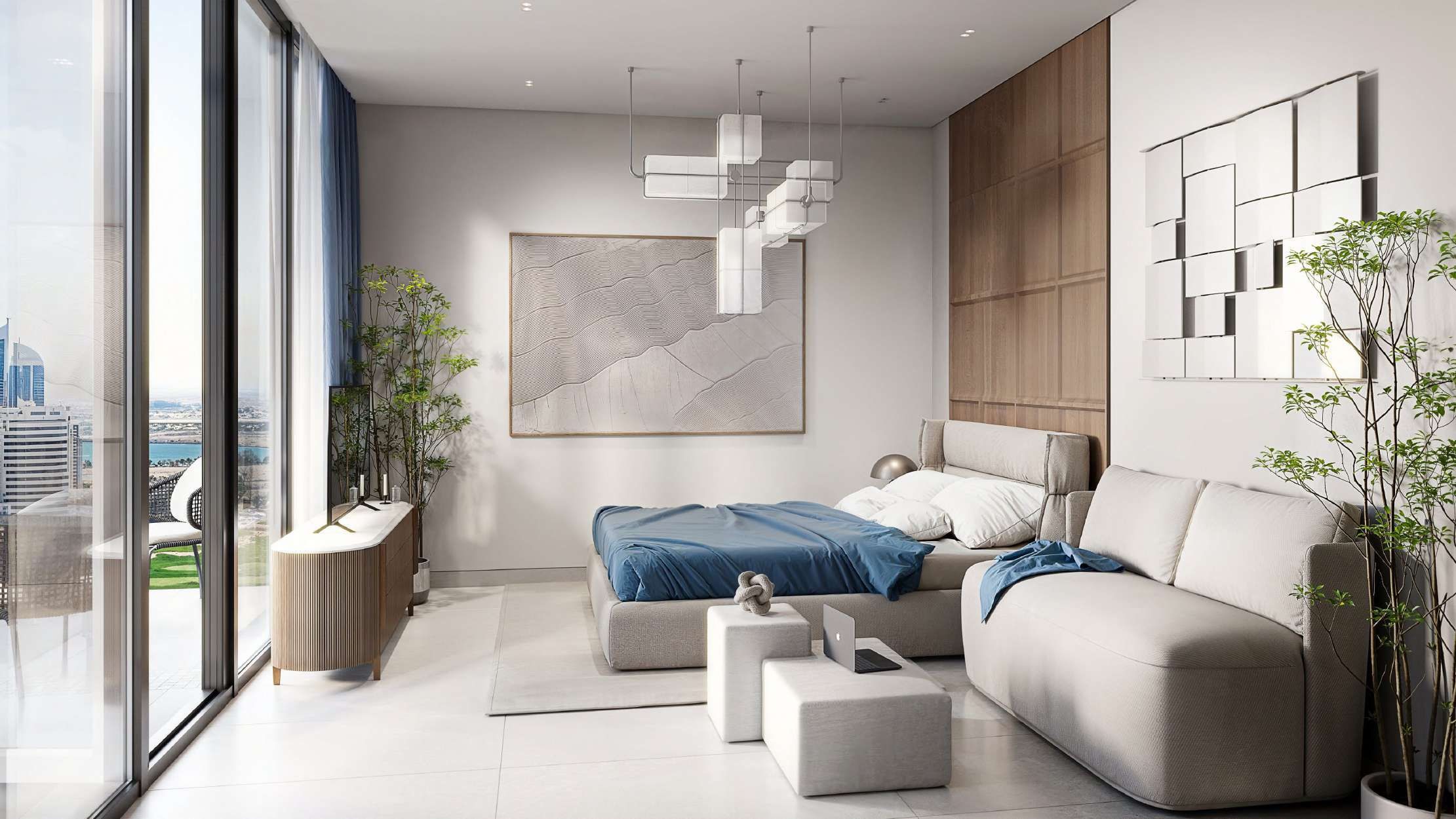 Luxury master bedroom with floor-to-ceiling windows and stunning skyline views.