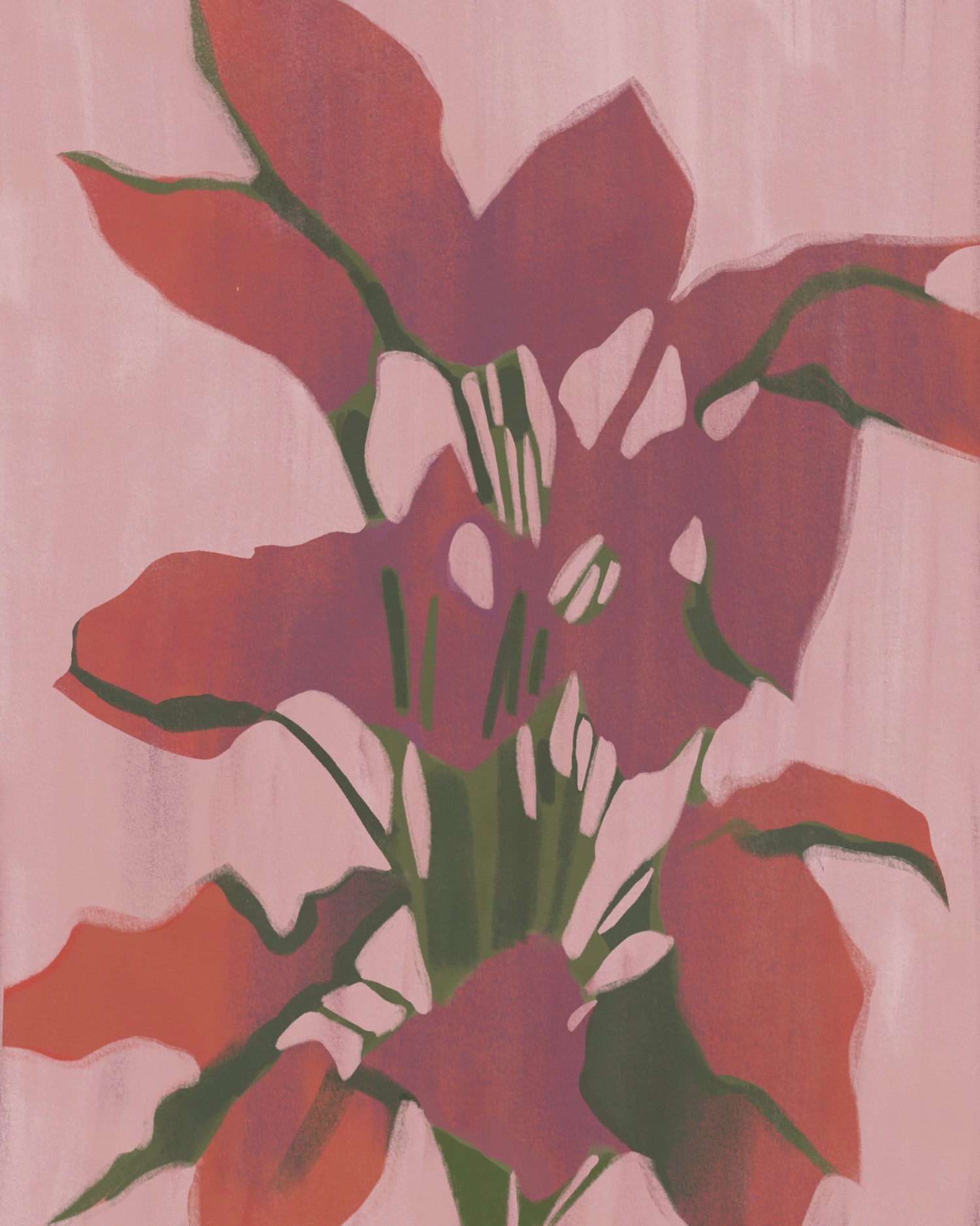 Red and pink leaves of a plant on a soft pink background — "Botanical Composition 01" by Katarzyna Księżopolska