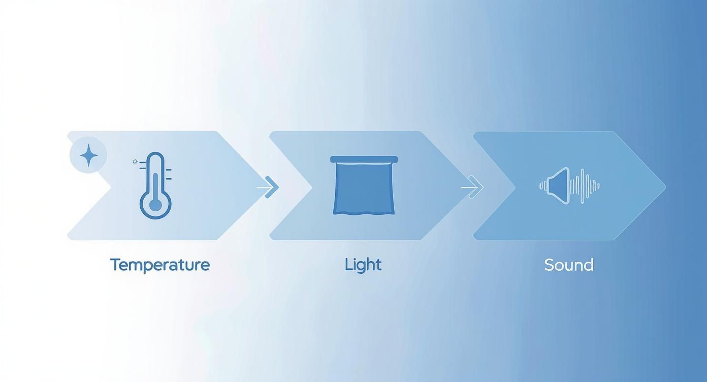 Flow diagram showing environmental factors: Temperature (thermometer), Light (dark area), and Sound (speaker).