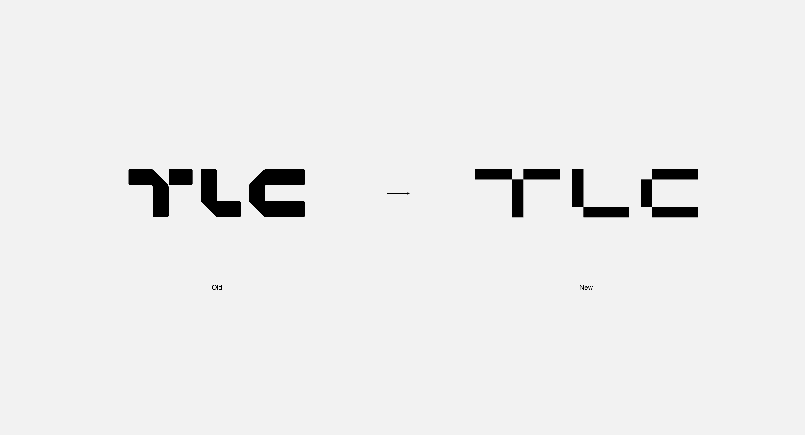 Stare i nowe logo TLC obok siebie, podpisane „Old” i „New” – nowe zbudowane z cieńszych prostokątnych segmentów