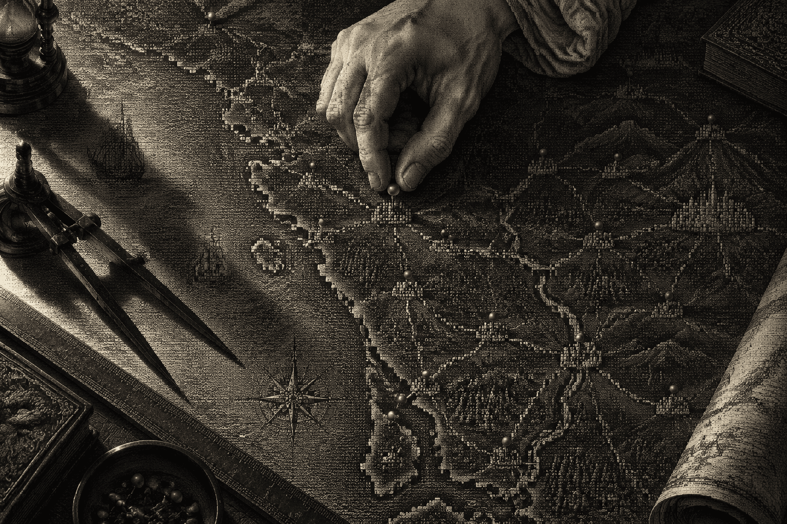 A marble finger and thumb pressing a single yellow pin into one town on an engraved map covered in characters