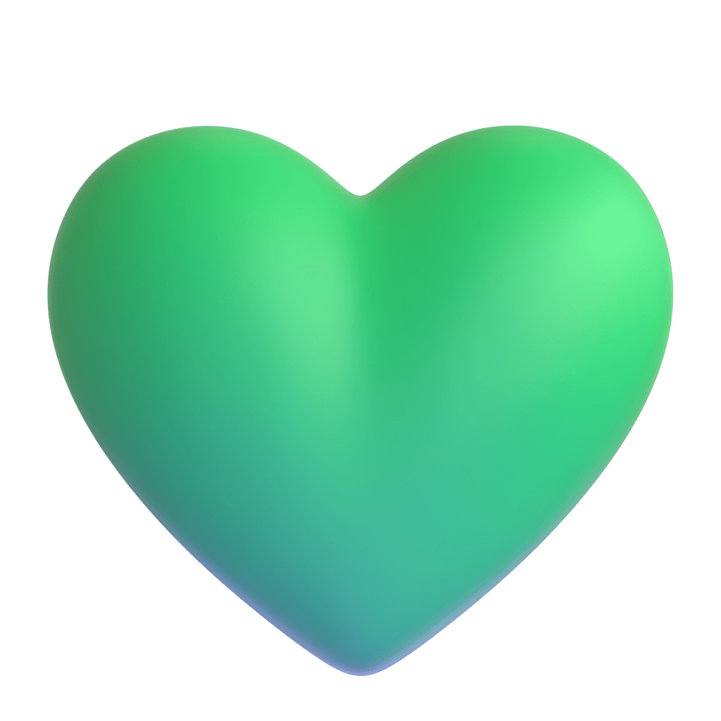 A shimmering green heart shape with a gradient, set against a simple blue background.