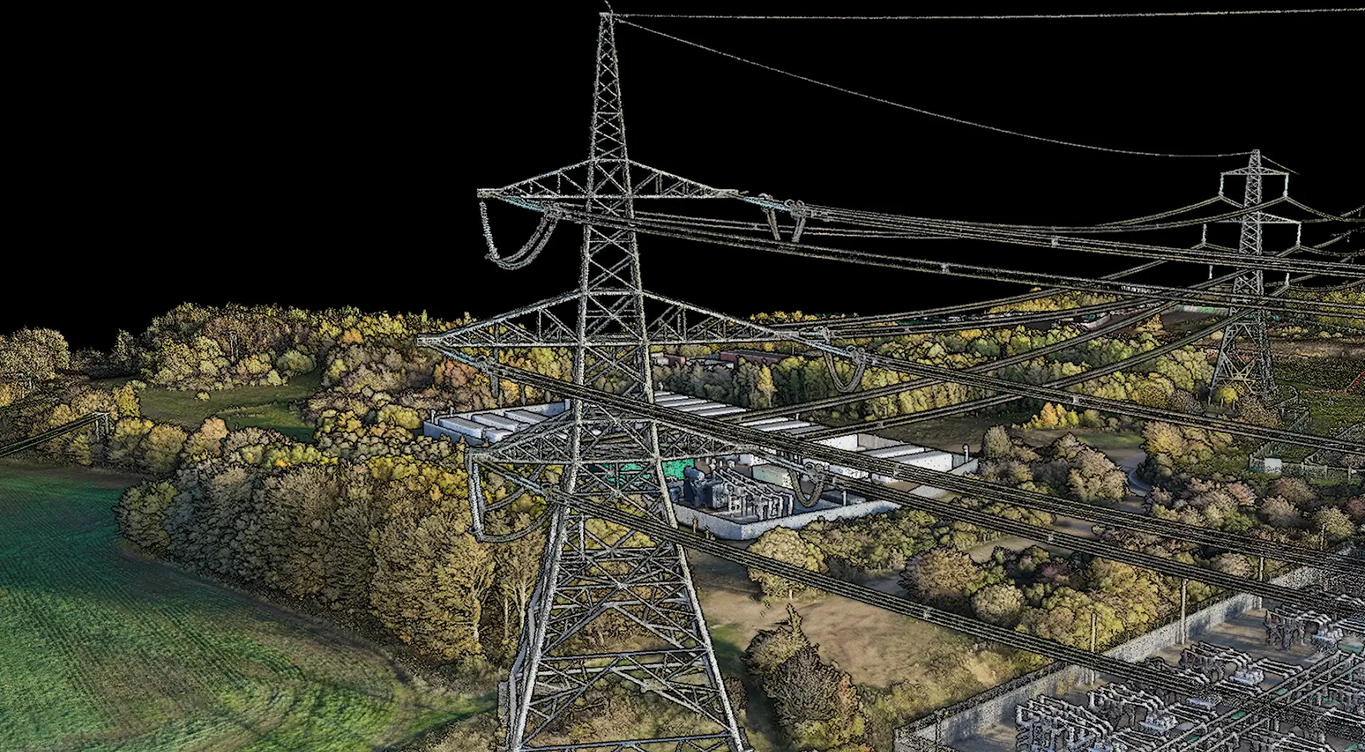 LiDAR point cloud of a substation and transmission corridor
