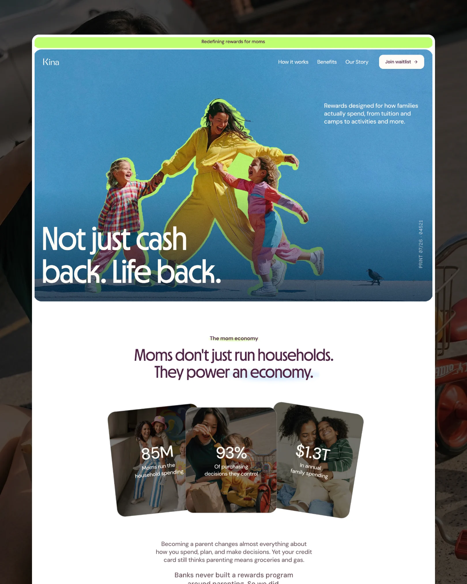 Kina mom economy section showing three stats, 85 million moms run household spending, 93% of purchasing decisions, $1.3 trillion in annual family spending.