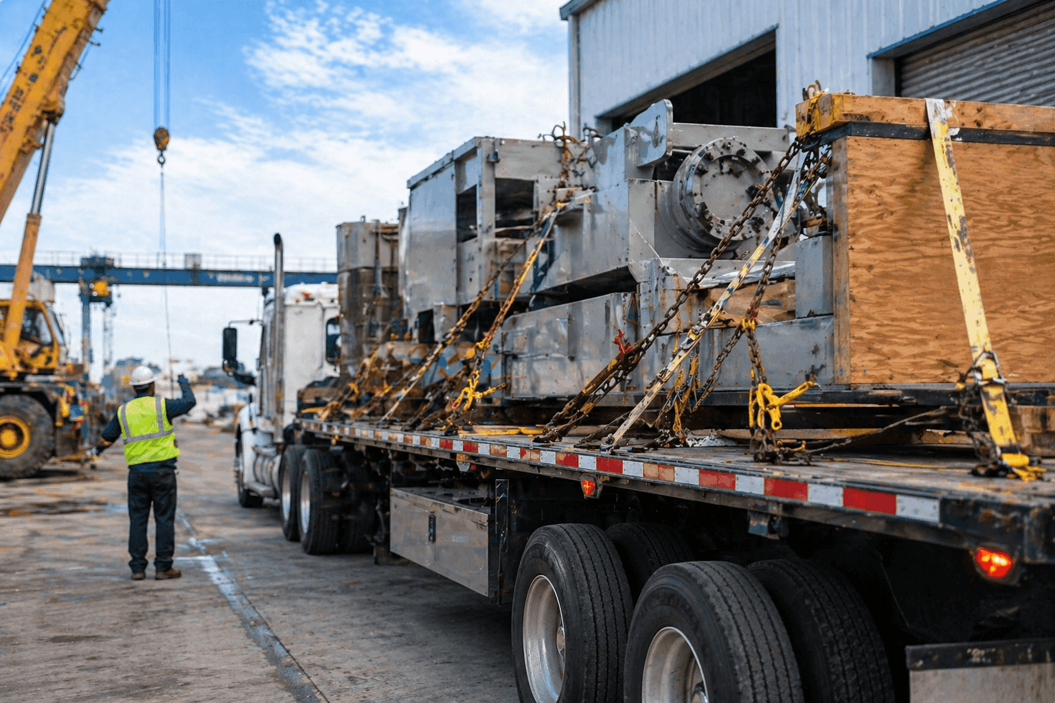 Worker guiding a crane while heavy industrial equipment is secured with chains on a flatbed truck at a loading site.