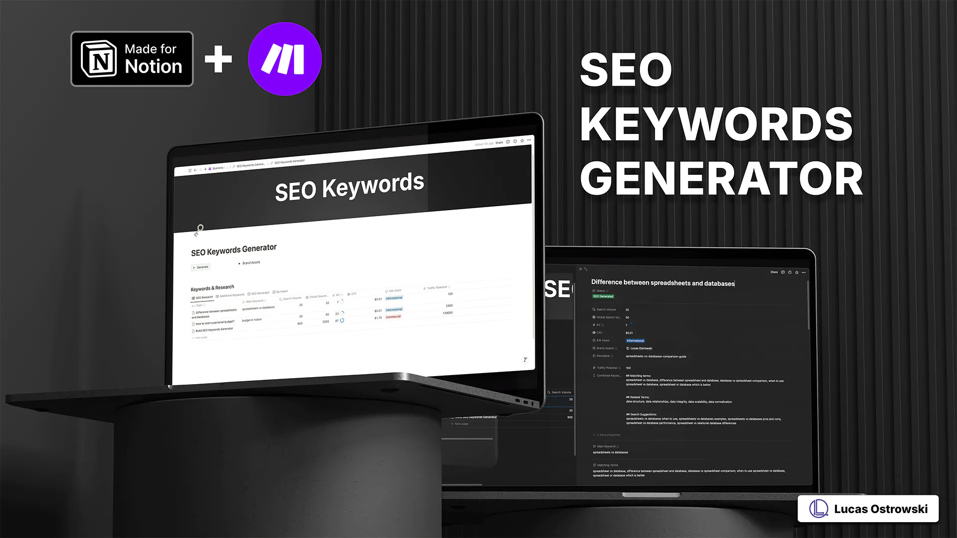 Notion SEO Keywords Generator and Make.com integration displayed on dual laptop setup. Main screen shows keyword research dashboard while secondary screen displays detailed topic analysis. Features Made for Notion badge and Make.com logo with Lucas Ostrowski branding. Professional dark mode theme optimized for SEO workflow management