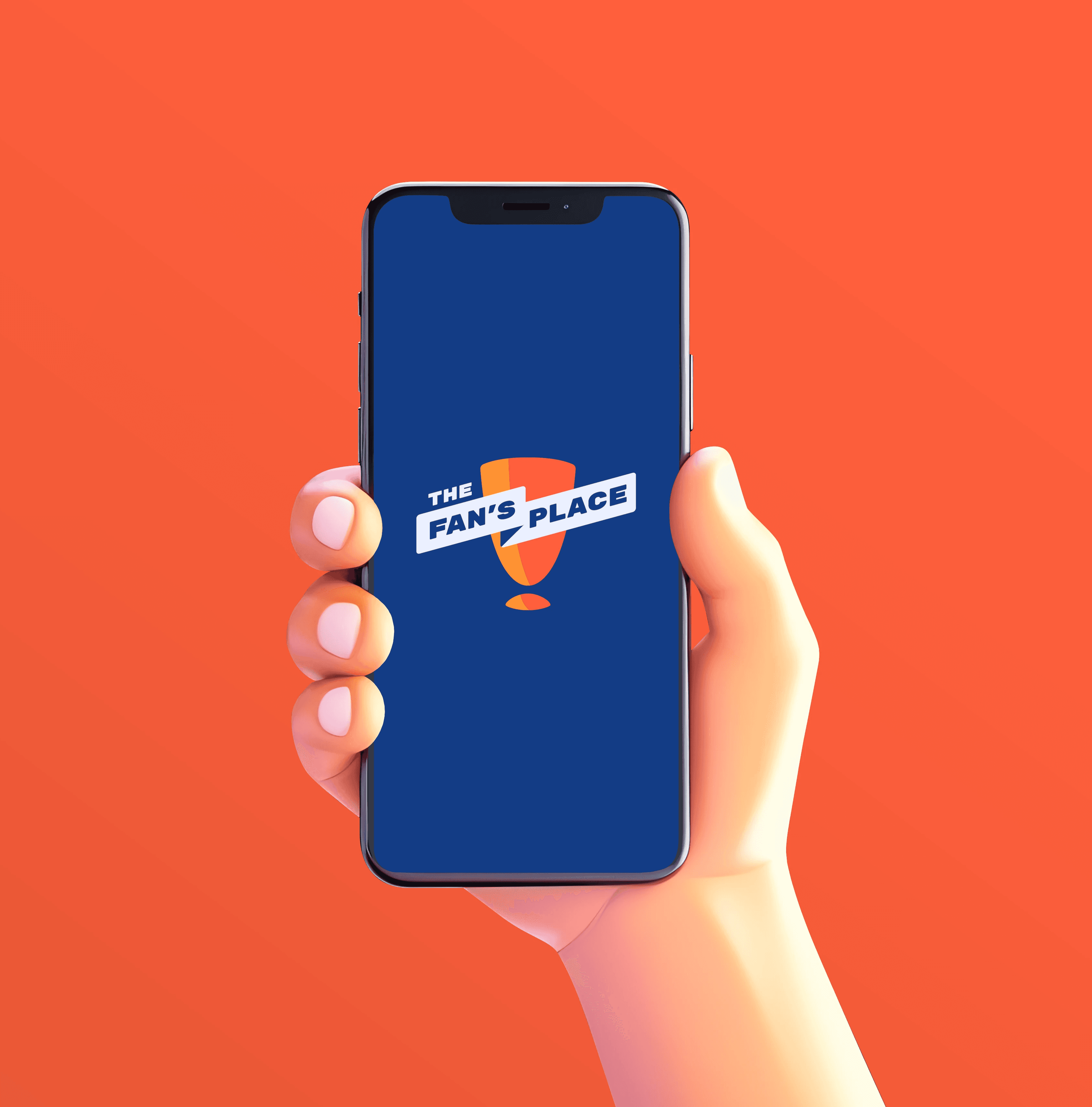 A 3D image of a hand holding a phone with the logo for The Fan's Place