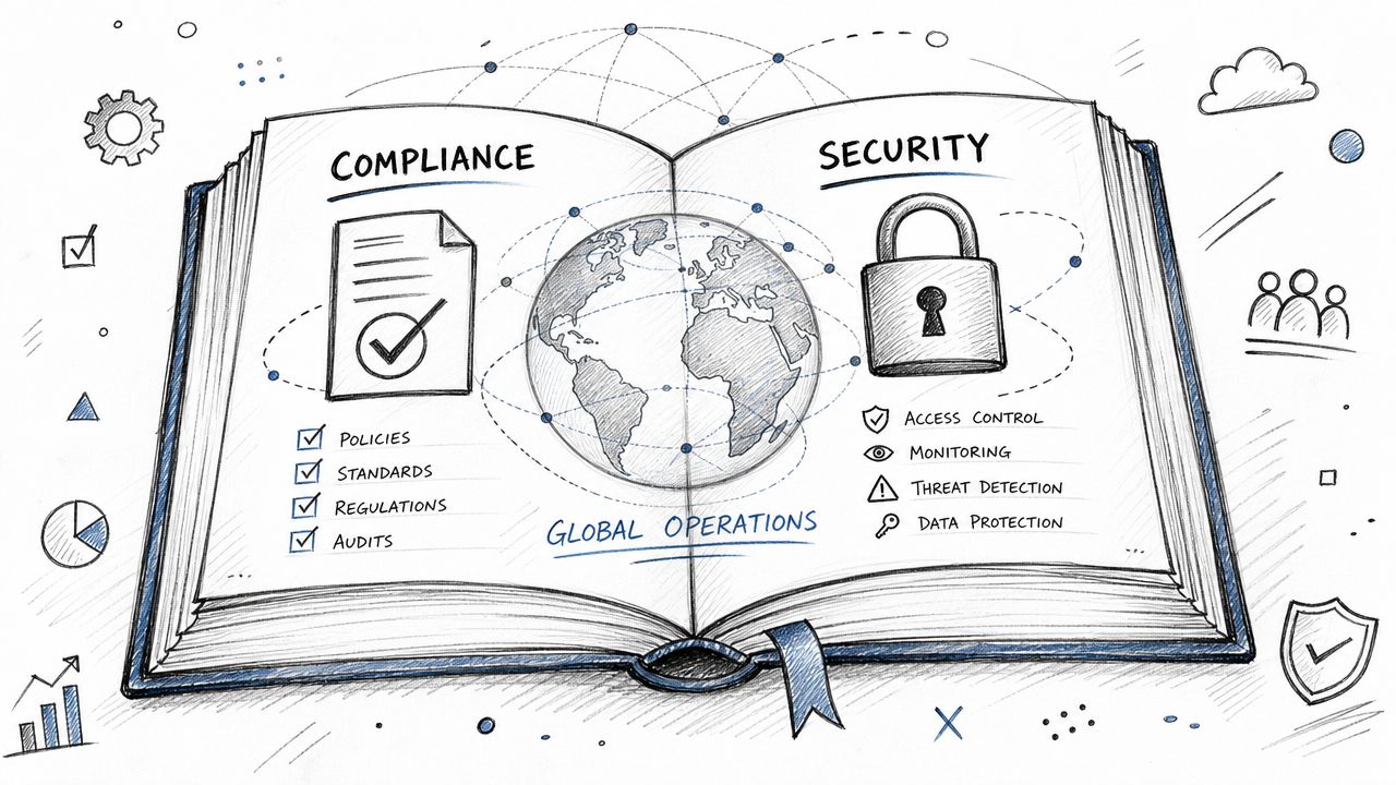 An illustrated open book displaying Compliance and Security concepts related to global operations and data protection.