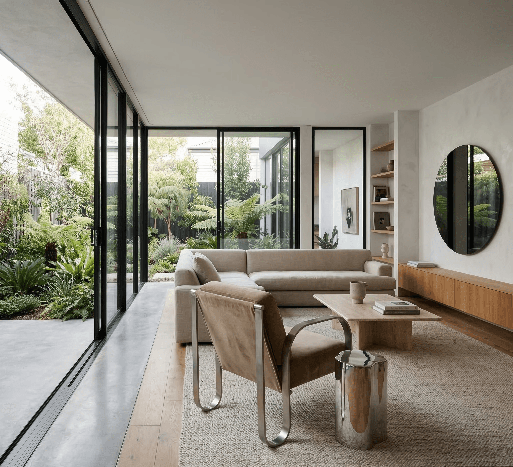 Rammed-earth space with curved walls, wooden seating, and soft daylight from a tall window.