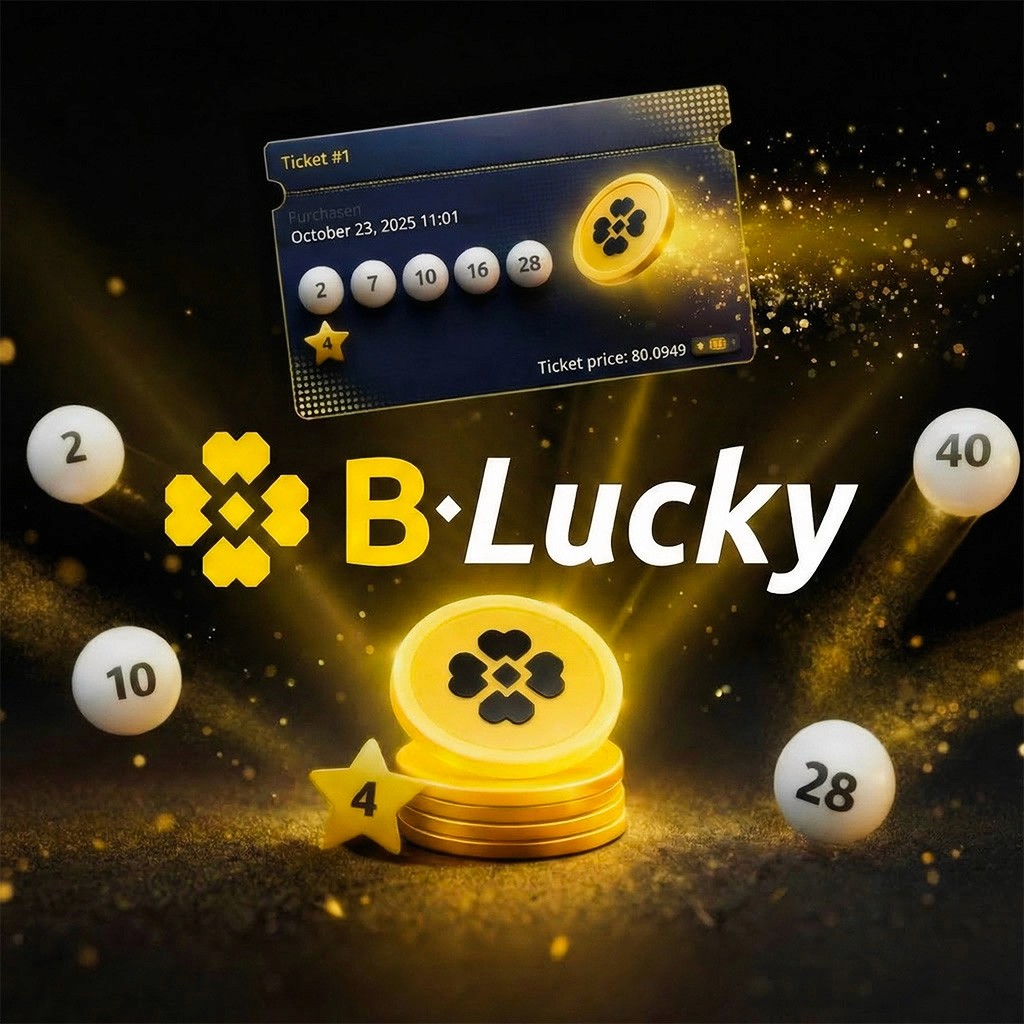 Blucky logo in the middle, with lottery balls around it and a ticket on top