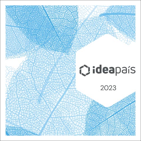 Portada de Memoria Anual 2022, documento de transparencia de IdeaPaís, mostrando un diseño con formas abstractas utilizando varios esqueleto sobrepuesto de hojas de un árbol.