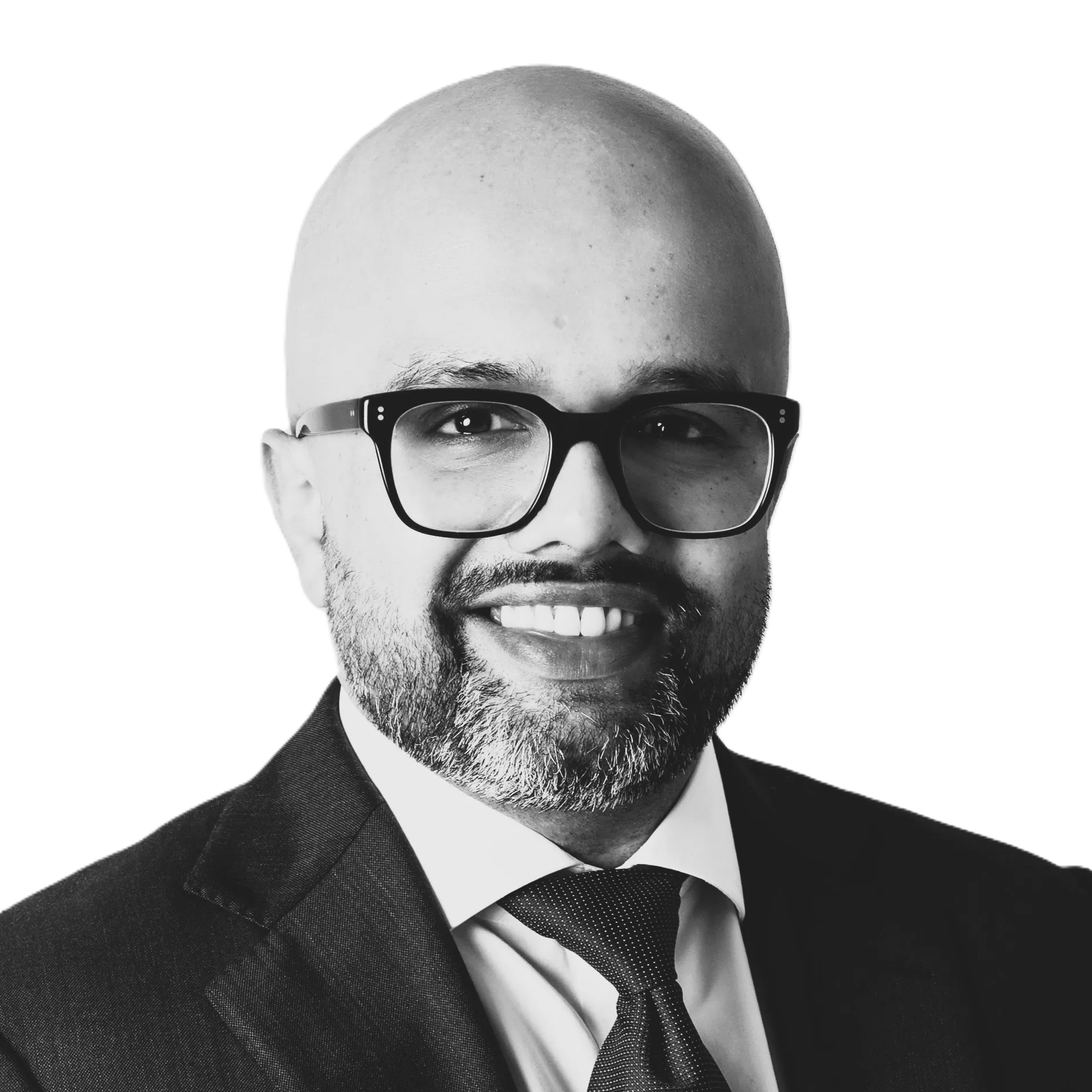 Black and white profile picture of Pras Gengatharan who is an Associate Partner at KanataQ