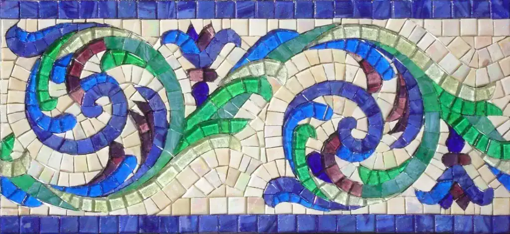 Garden Acanthus mosaic border, Green, blue and plum on cream, hand-cut — reference H-34, Mosaiclegs Art Studio