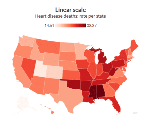 Map visualization with poor color use that makes regional differences hard to interpret