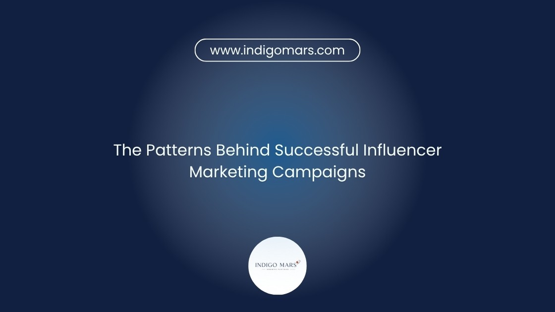 Dark navy banner reading "The Patterns Behind Successful Influencer Marketing Campaigns" with the indigomars.com URL badge and Indigo Mars circular logo