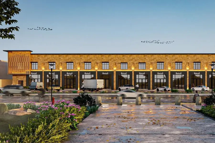 تصميم مجمع العضيبي السكني التجاري بحي المنصورية بالرياض: واجهة المعارض التجارية — من أعمال أركان العز