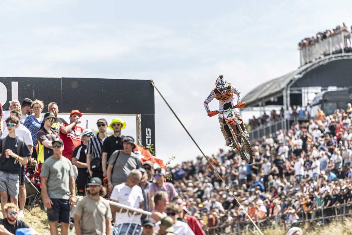 Rick Elzinga soaring over a jump on his KTM 450 SX-F for Van Venrooy KTM Racing at an MXGP round