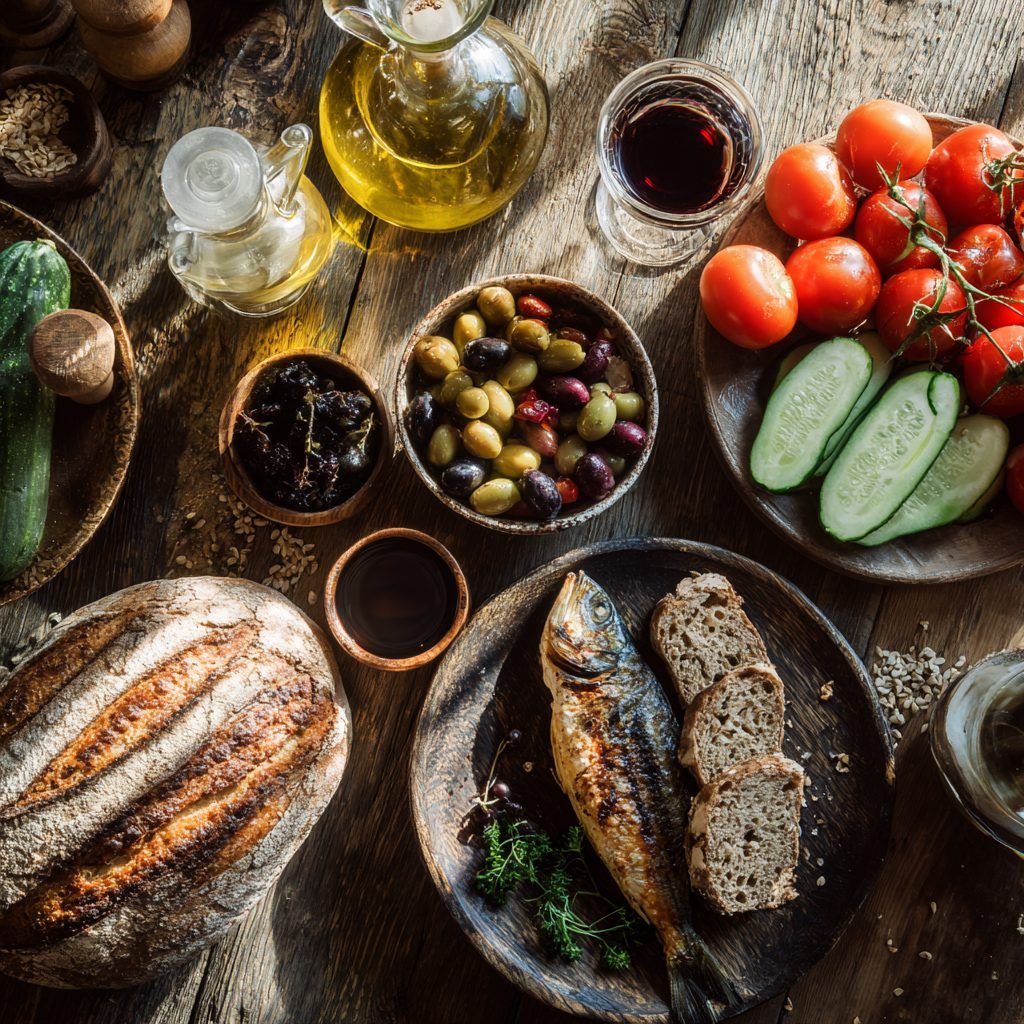 Fresh seasonal vegetables and Mediterranean ingredients on a rustic Tuscan table