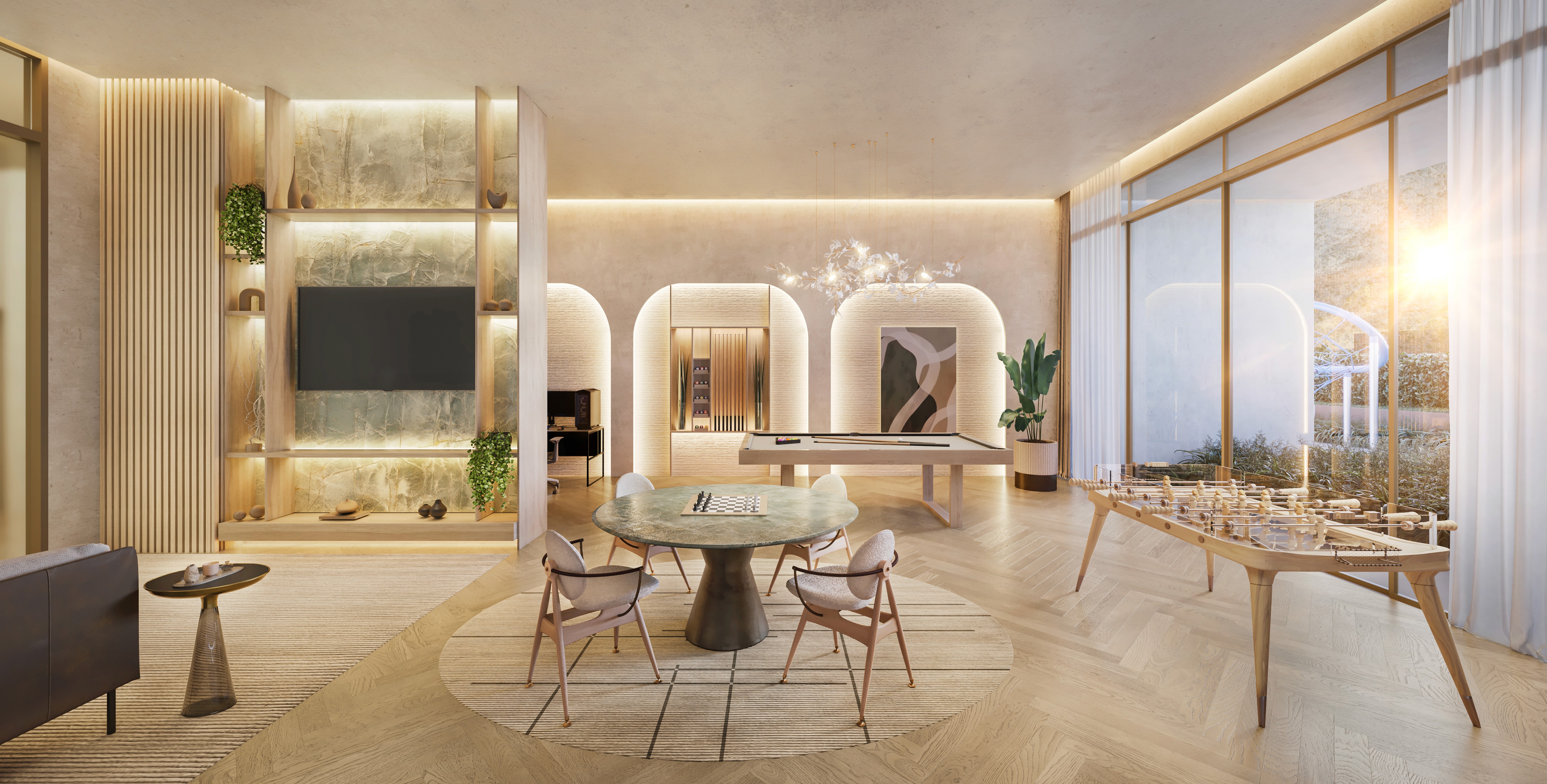 Curved modern skyscraper against a clear blue sky.