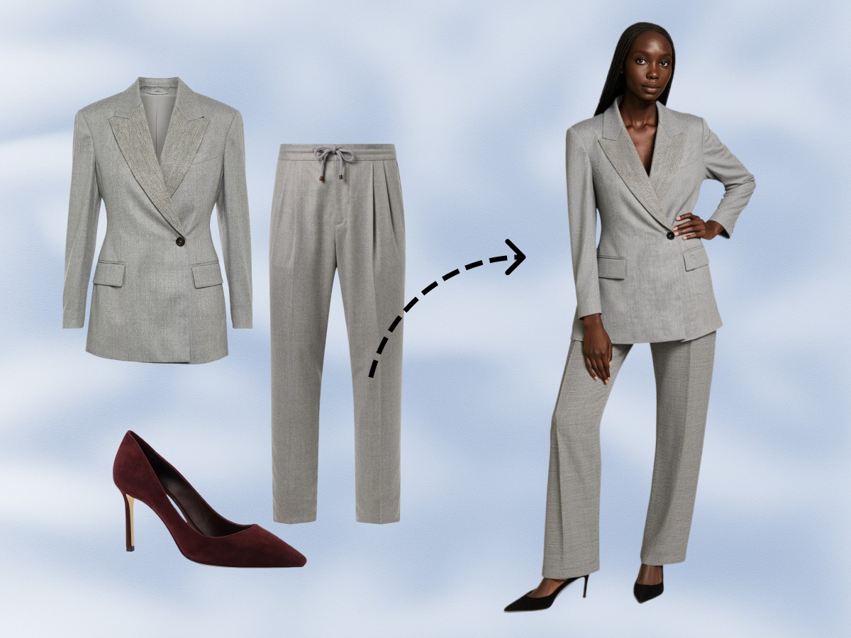 Items of the look dressed on a model.