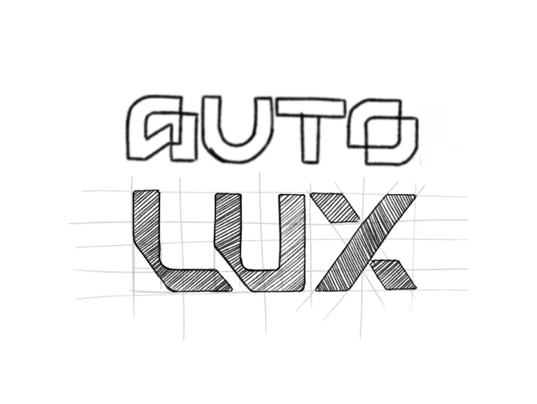 Logo AutoLux piste 2 typographique — logotype bold blanc "AUTO / LUX" à architecture technique évocatrice du design automobile, séparation visuelle assumée entre les deux mots, fond concession sombre, rebranding Tartelette Concept Toulouse