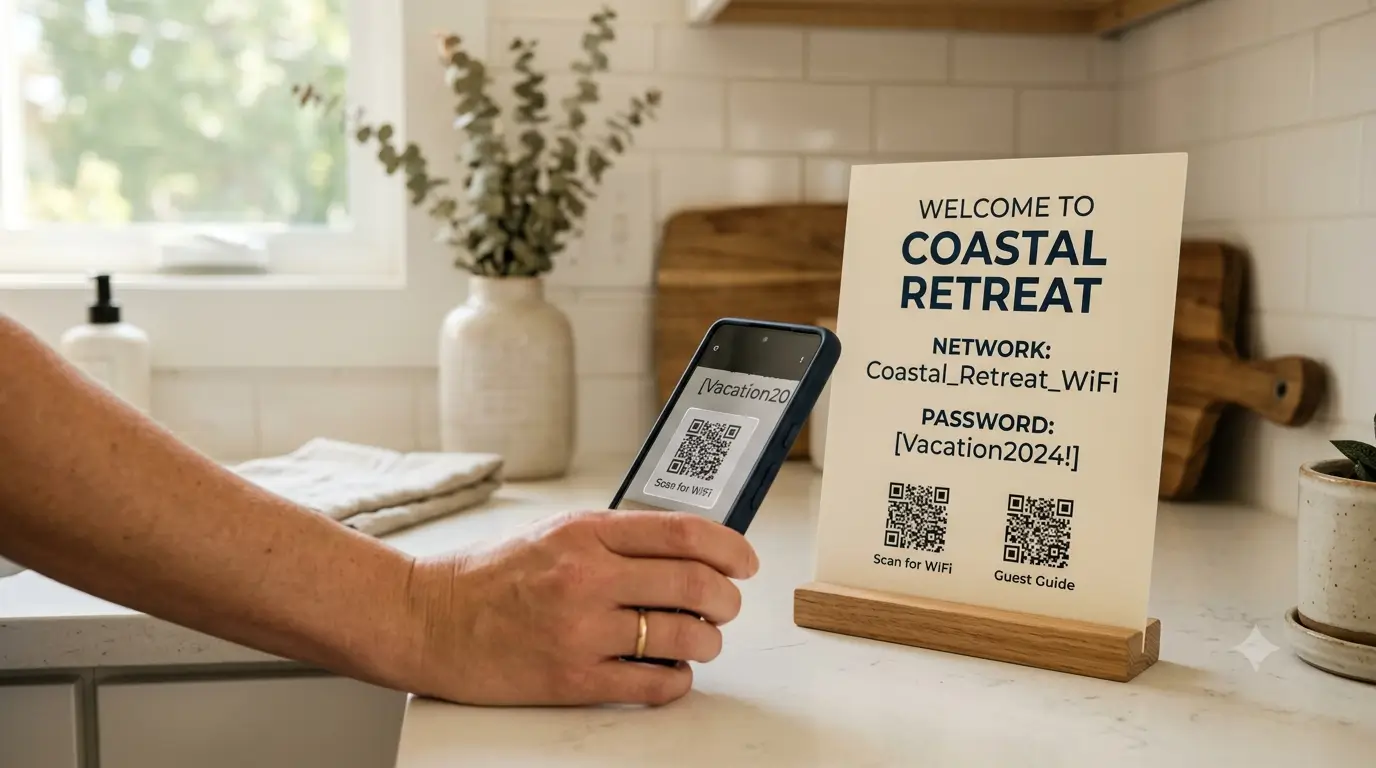 Airbnb WiFi sign on a kitchen counter with a guest scanning the QR code to connect their phone.