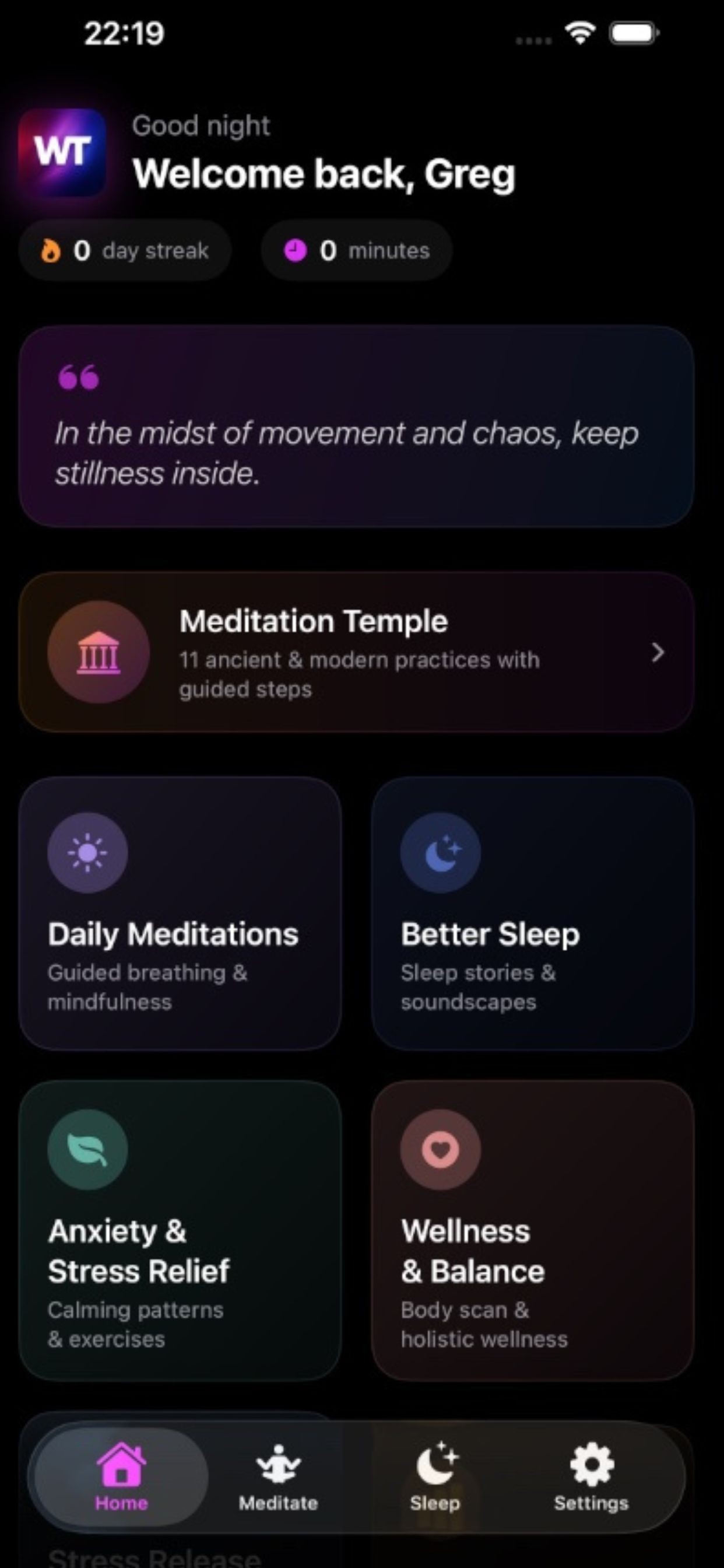 Meditation app sleep screen