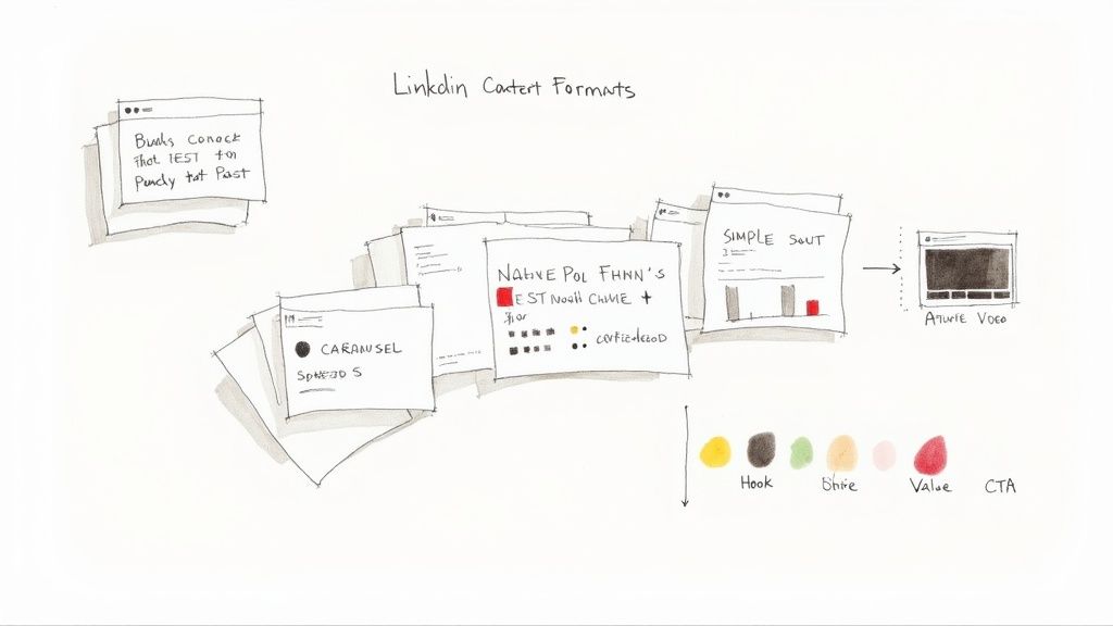 A content creator working on a laptop, with icons for video, carousels, and text posts floating around, symbolizing a multi-format content strategy.