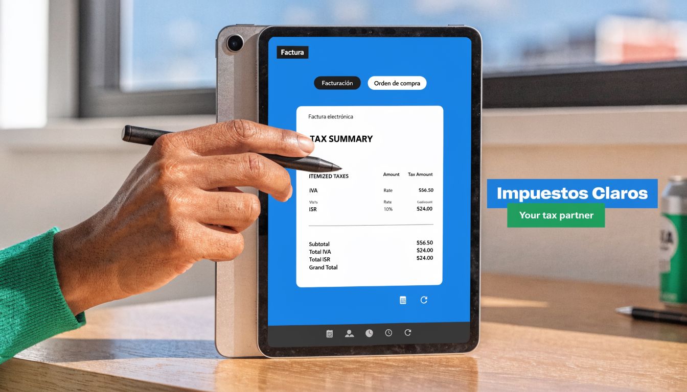 Una mano sosteniendo un lápiz óptico sobre una tableta mostrando un resumen de impuestos electrónicos con desglose.