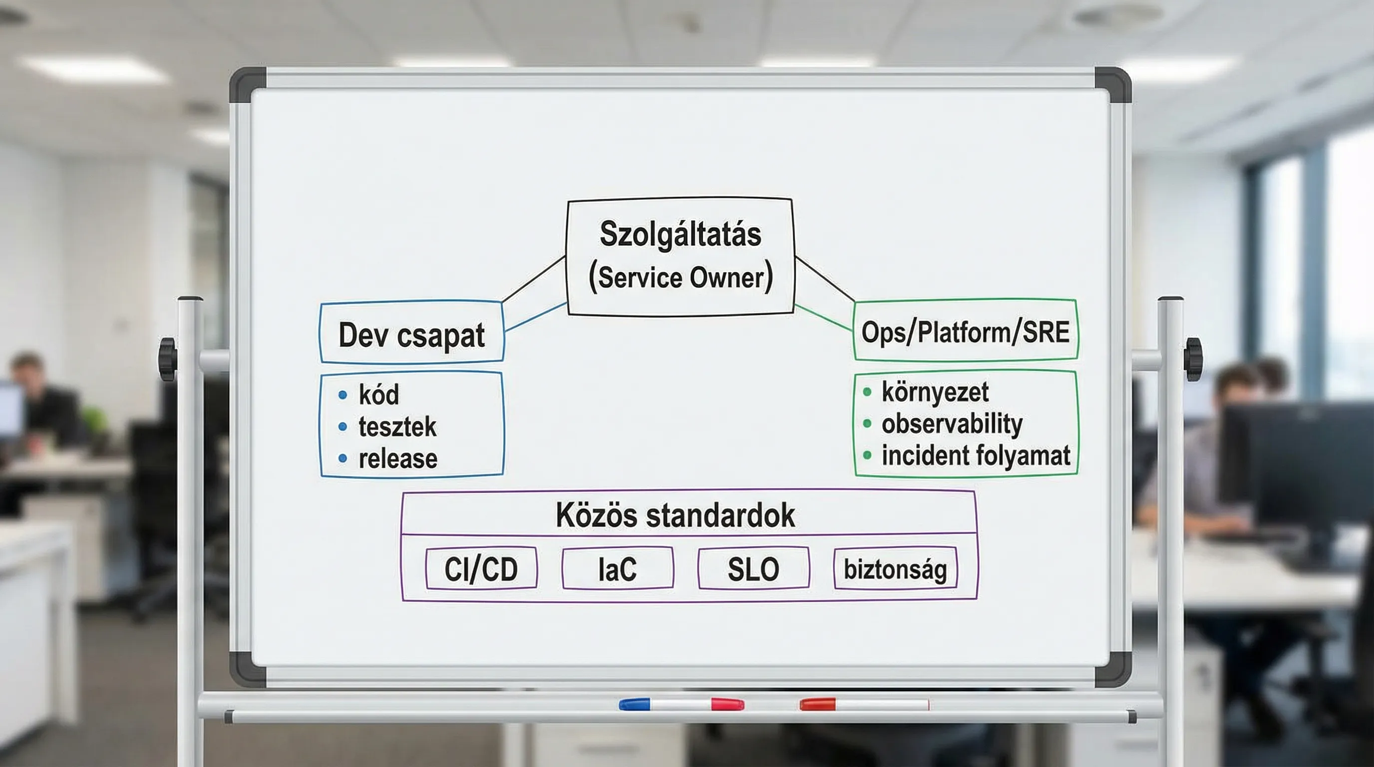 Egyszerű működési modell ábra: középen egy „Szolgáltatás (Service Owner)” doboz, bal oldalon „Dev csapat” (kód, tesztek, release), jobb oldalon „Ops/Platform/SRE” (környezet, observability, incident folyamat). Alul „Közös standardok” (CI/CD, IaC, SLO...