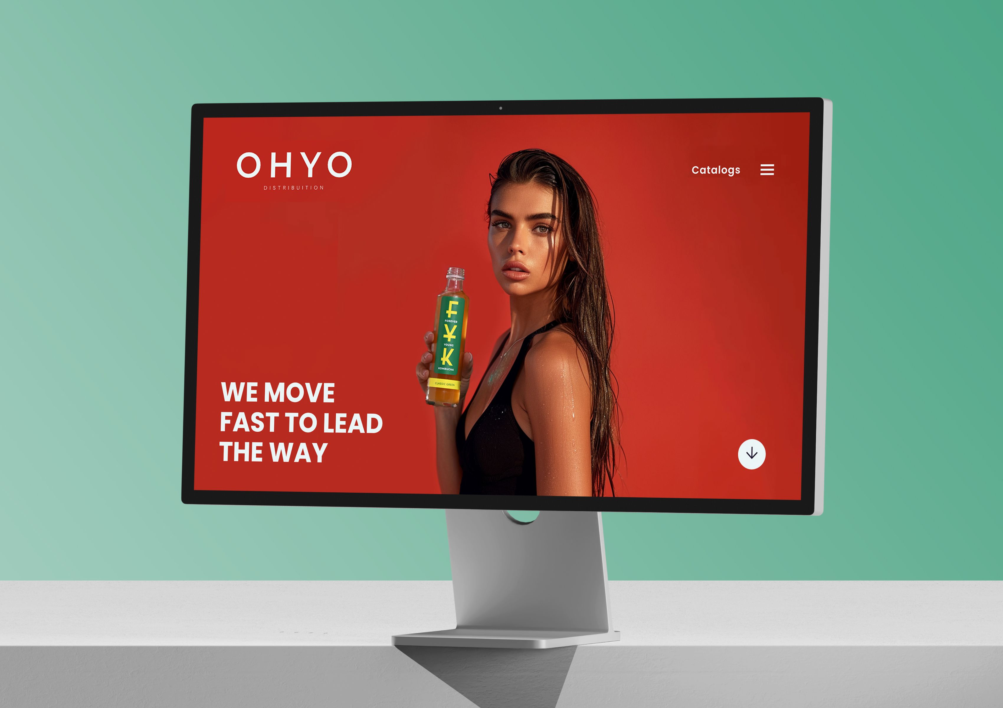 OHYO Distribution website hero screen with model holding FYK Kombucha bottle and slogan “We move fast to lead the way”.