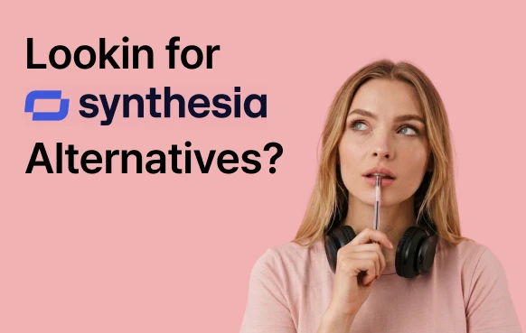 Ищу альтернативы Synthesia: миниатюра с размышляющей женщиной и логотипом Synthesia
