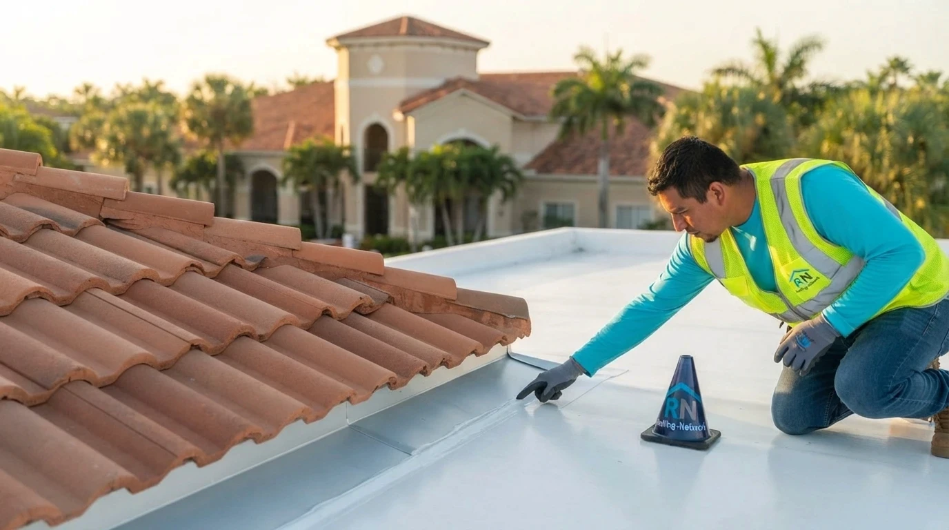 Tile to flat roof transition detail on a Coral Springs clubhouse roof replacement