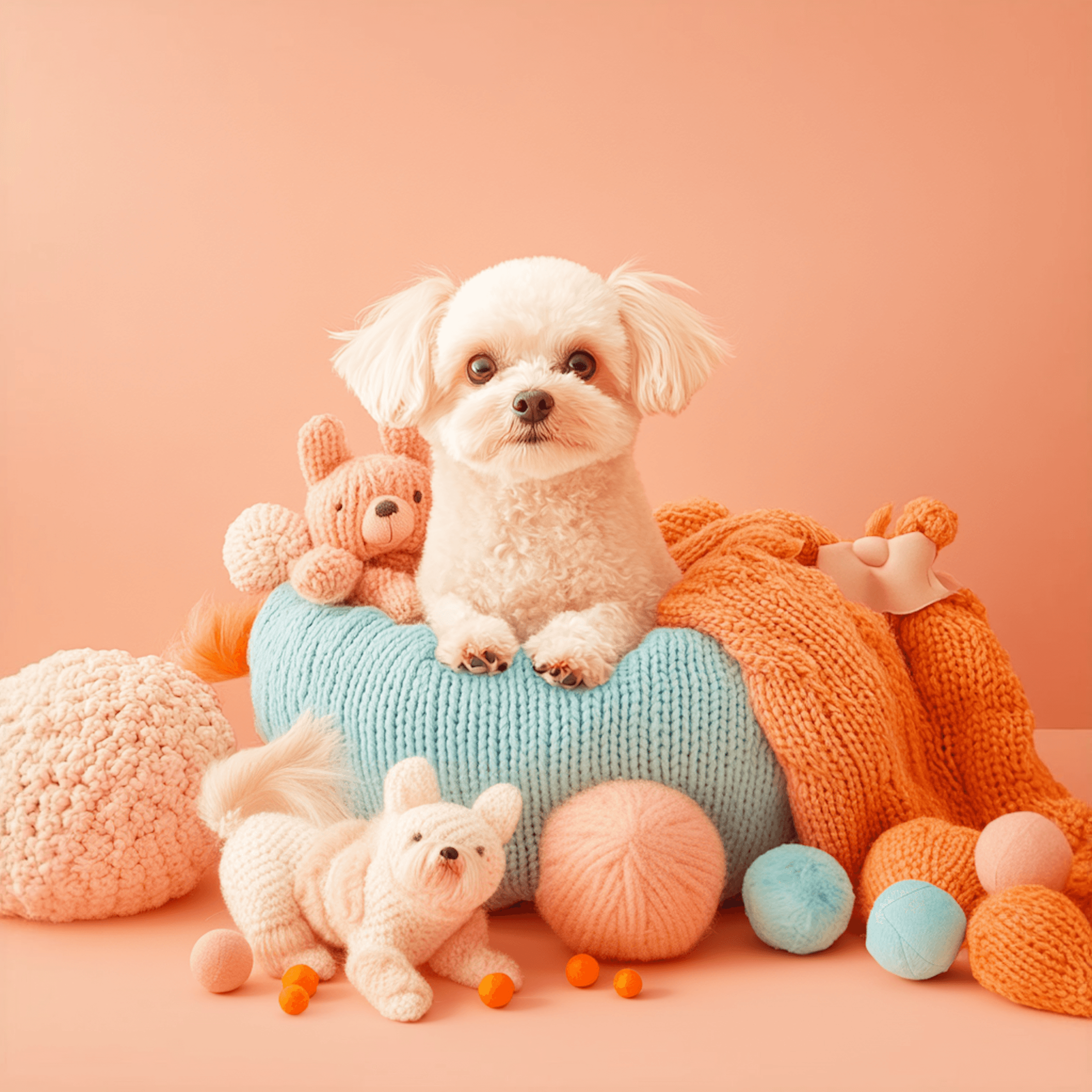 A fluffy white dog sits atop a colorful blanket surrounded by soft toys and pom-poms against a peach backdrop.