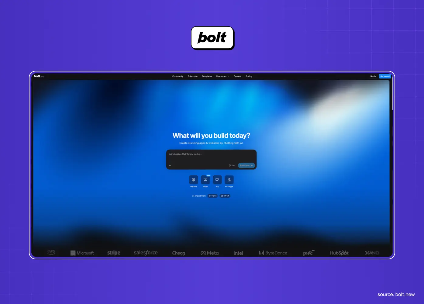 Screenshot of Bolt showcasing an AI-assisted full-stack development platform that generates applications from natural language prompts.