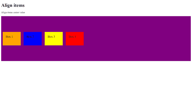 Four flex items being contained in a flex container with align-items center value applied