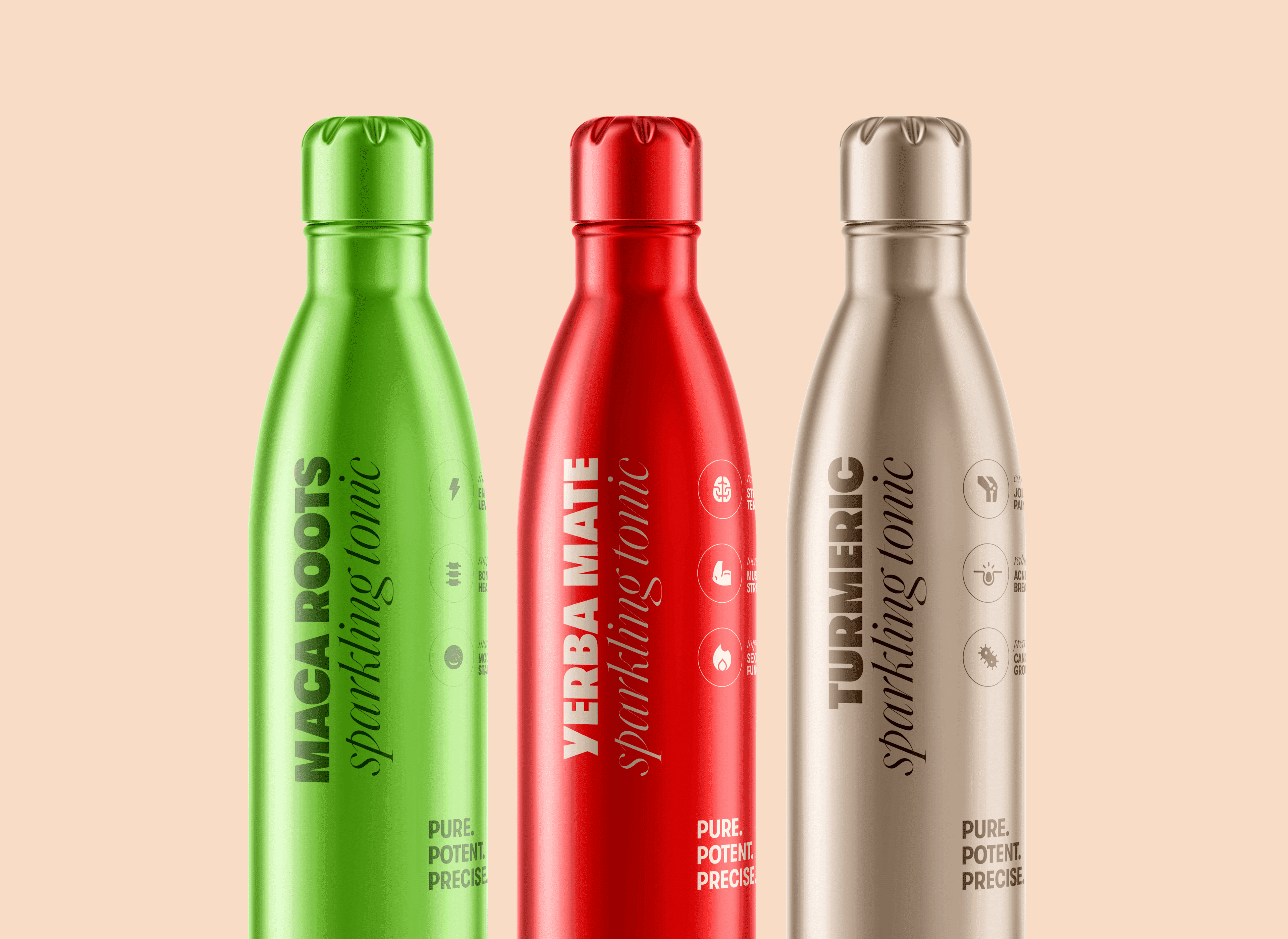 Juthoor Maca Roots, Yerba Mate, and Turmeric Sparkling Tonics, pure and potent functional beverages, designed by The Tomorrow Agency