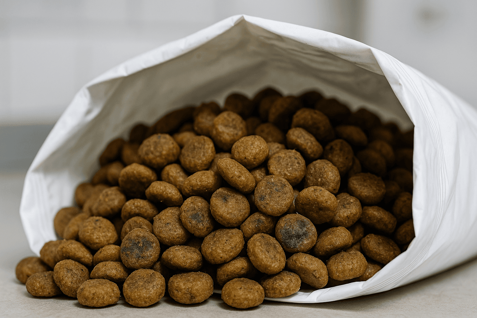 Ração de pet aberta e exposta à umidade, mostrando riscos de contaminação.