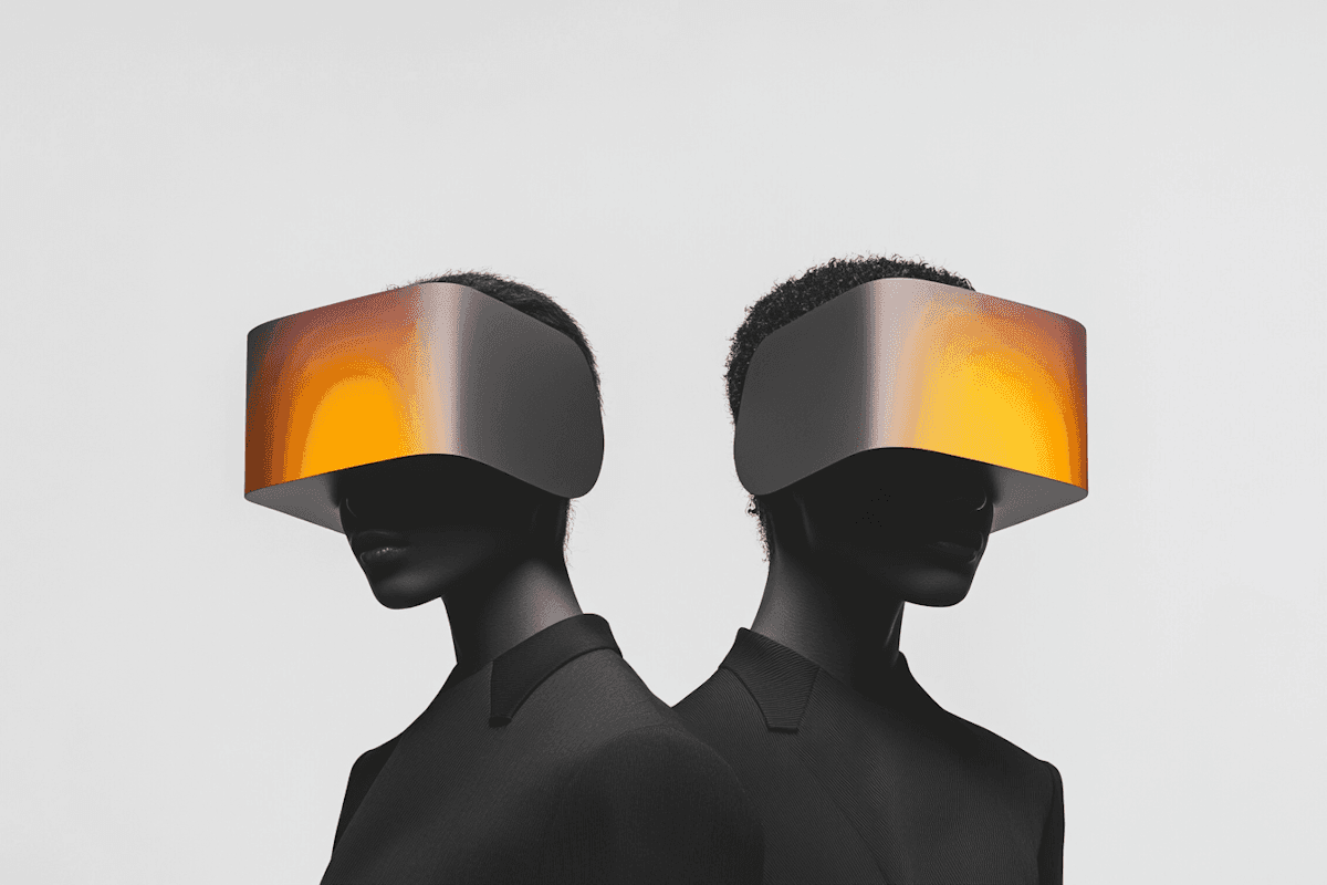 Two individuals wearing virtual reality goggles, engaged in an immersive digital experience.