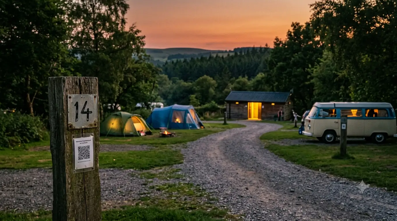 A numbered campground site post with a QR code card at dusk, tents and a camper van on the pitches behind it.
