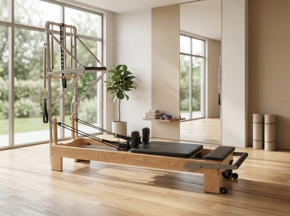Pilates Reformer Demi-Tour Advanced Grand Studio — Chêne, reformer avec demi-tour en chêne dans un studio de Pilates professionnel