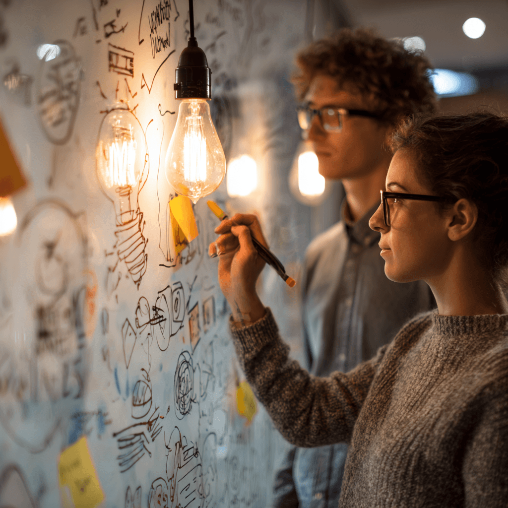 Two people wearing glasses brainstorm on a whiteboard covered in sketches and sticky notes, illuminated by warm hanging light bulbs, evoking creativity.