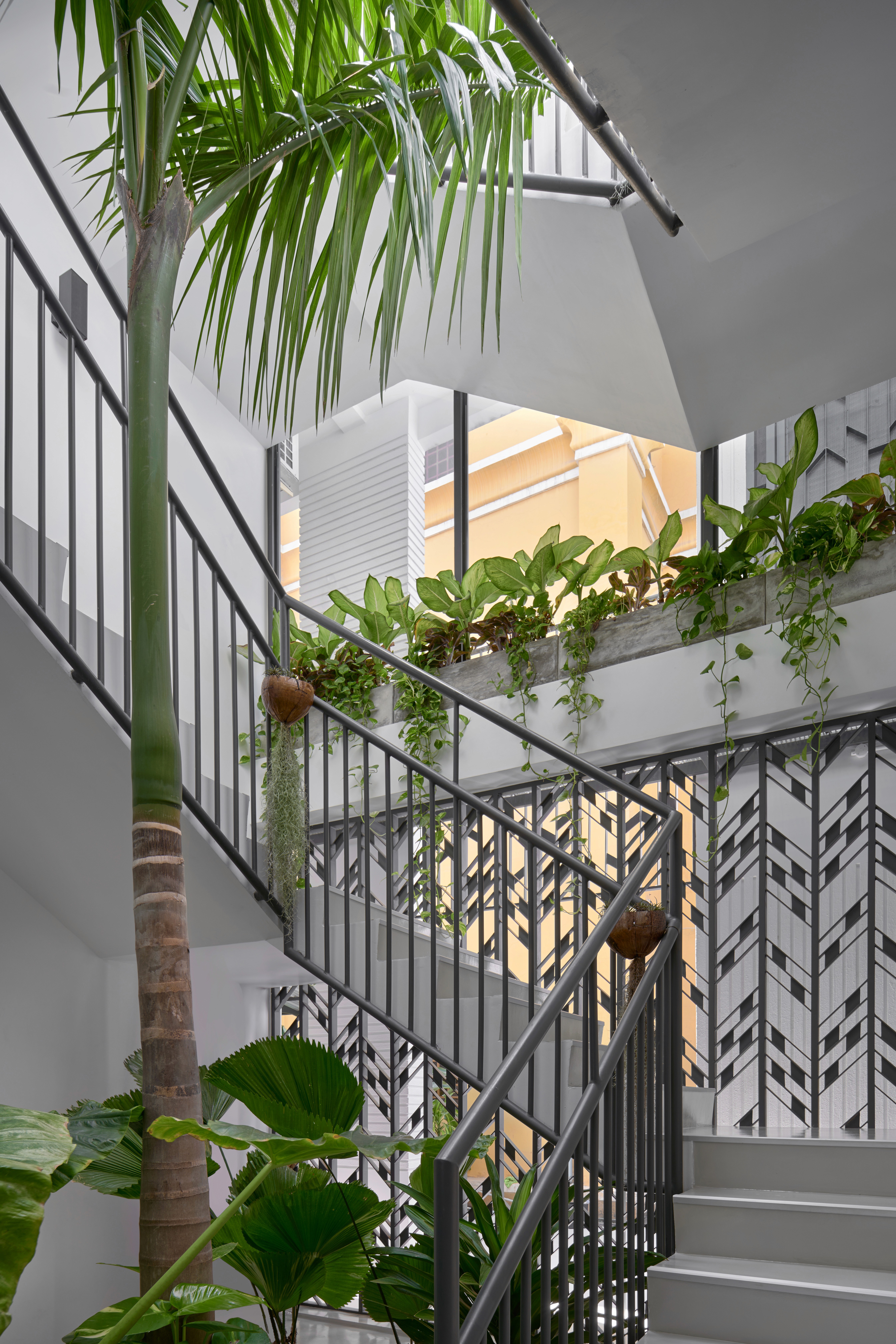 Modern interior staircase design with black metal railings, indoor palm trees, and concrete planter boxes creating a biophilic office environment.