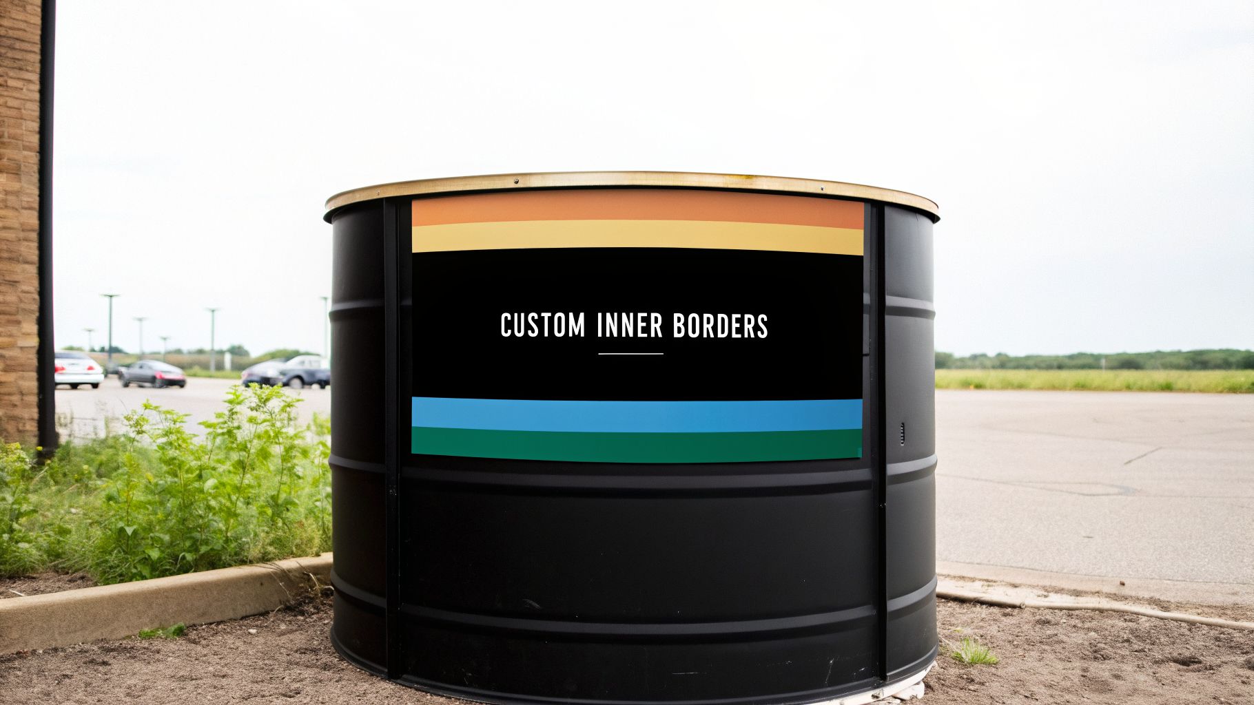 A black barrel with custom inner borders design, colorful stripes, and text reading 'CUSTOM INNER BORDERS'.