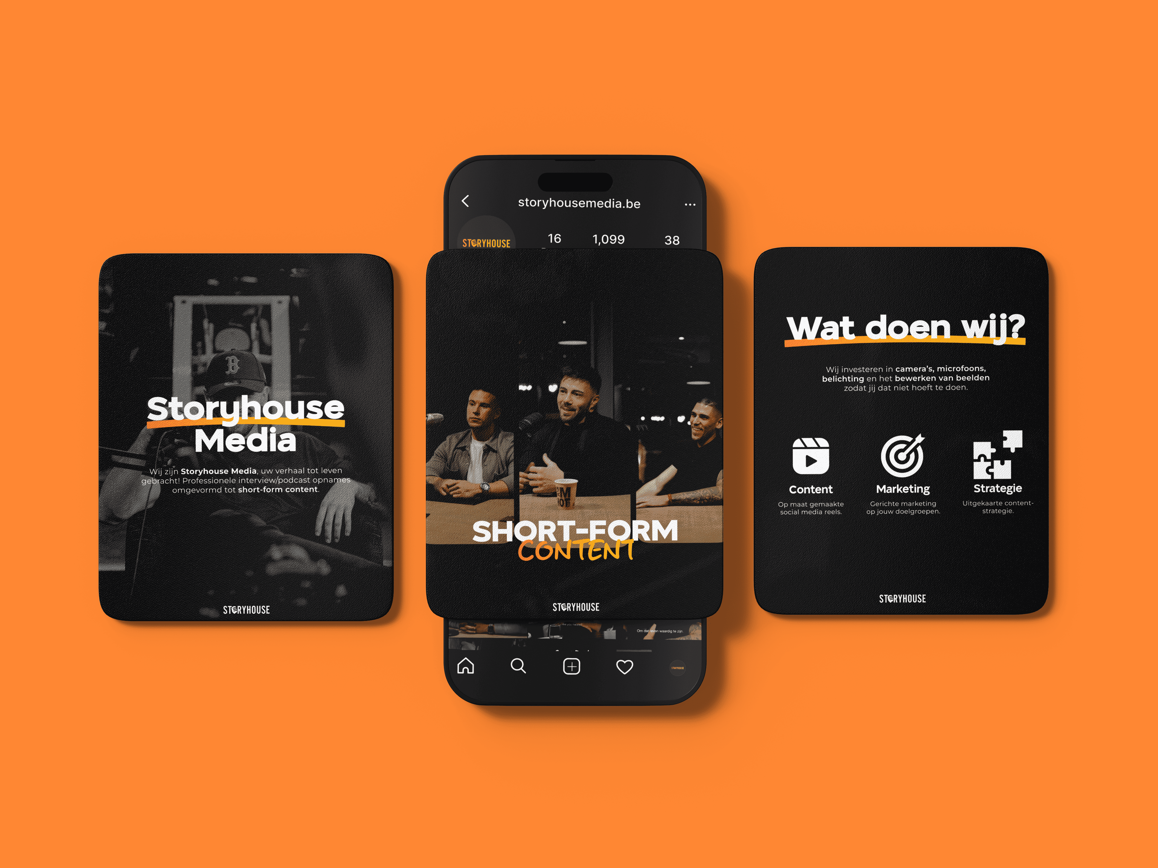 Three mobile mockups showing Storyhouse Media social content and short form video branding.