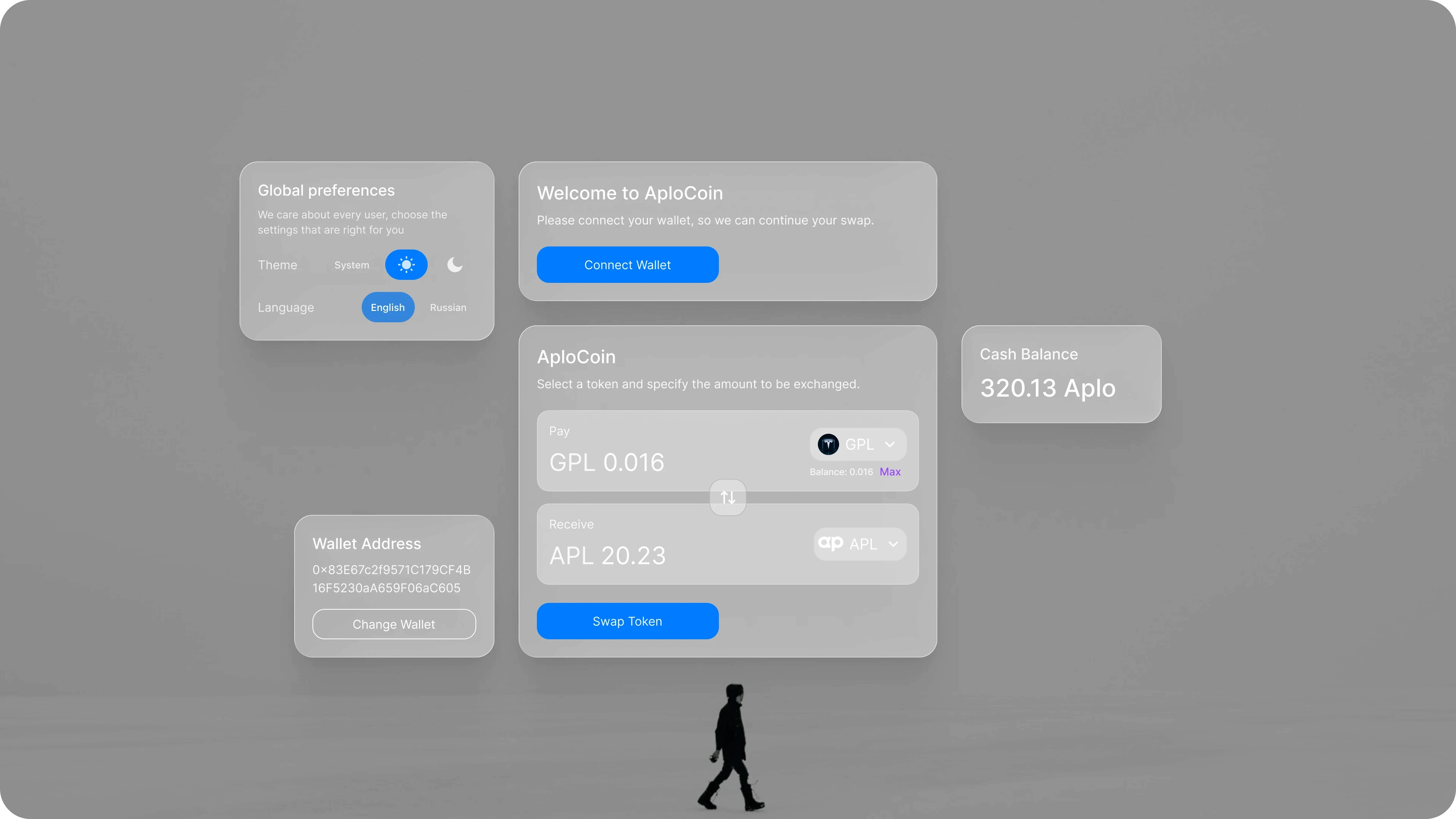 Light-mode Aplocoin dashboard showing wallet balances, staking cards and real‑time crypto rates with DeFi integration.