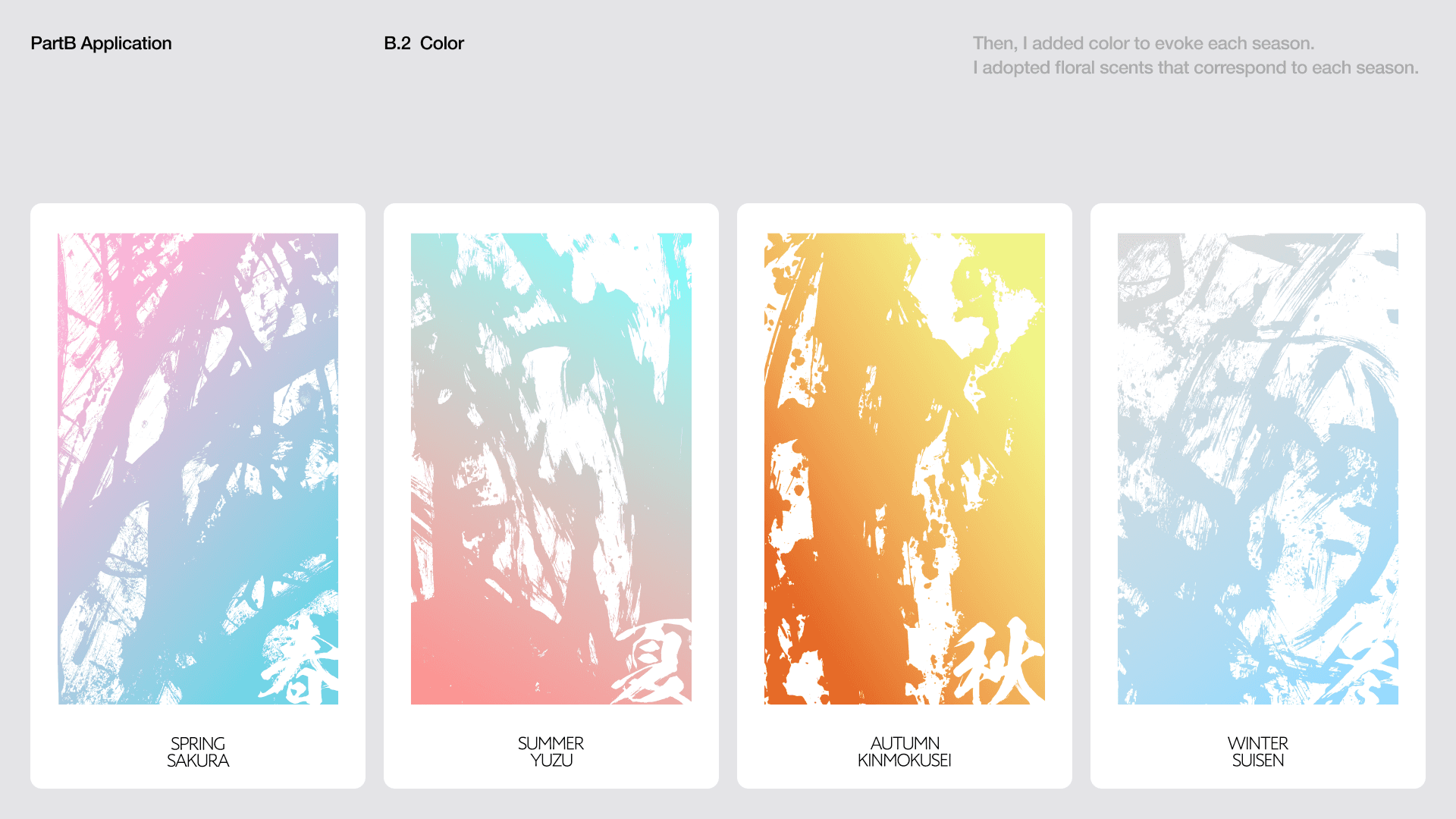 Then, I added color to evoke each season. I adopted floral scents that correspond to each season.