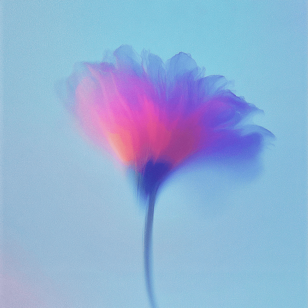 Abstract blurred neon flower in pink, purple, and blue on a soft blue background