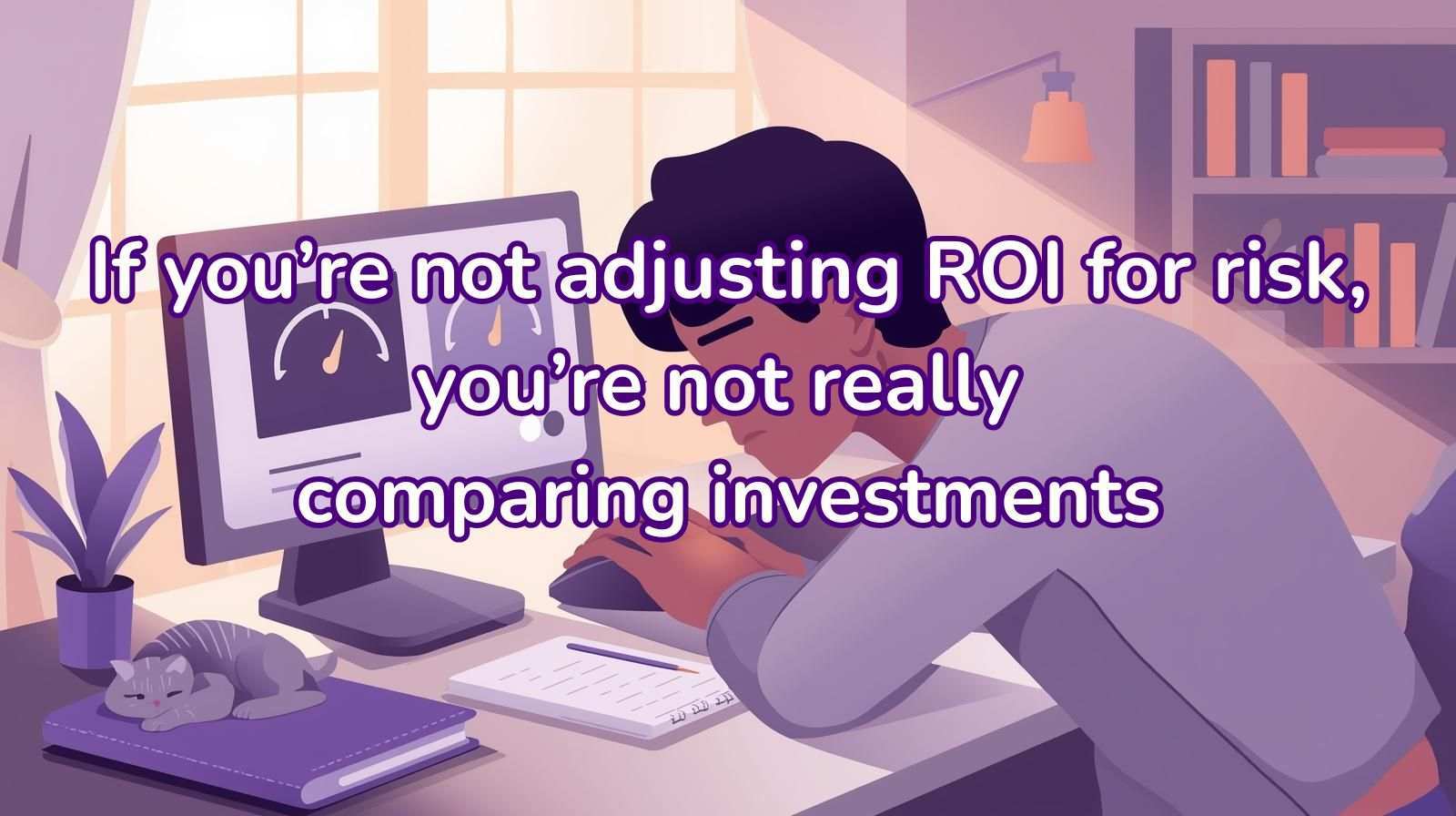 A person sitting at a desk, leaning toward a computer with one hand on the mouse. On the screen, two rectangular gauges: left gauge solid purple, right gauge semi-transparent purple. The desk has a notebook, small plant pot, and a small cat sleeping on the edge. Background shows a window with soft warm light and bookshelf. Image has a title of “If you’re not adjusting ROI for risk, you’re not really comparing investments”.