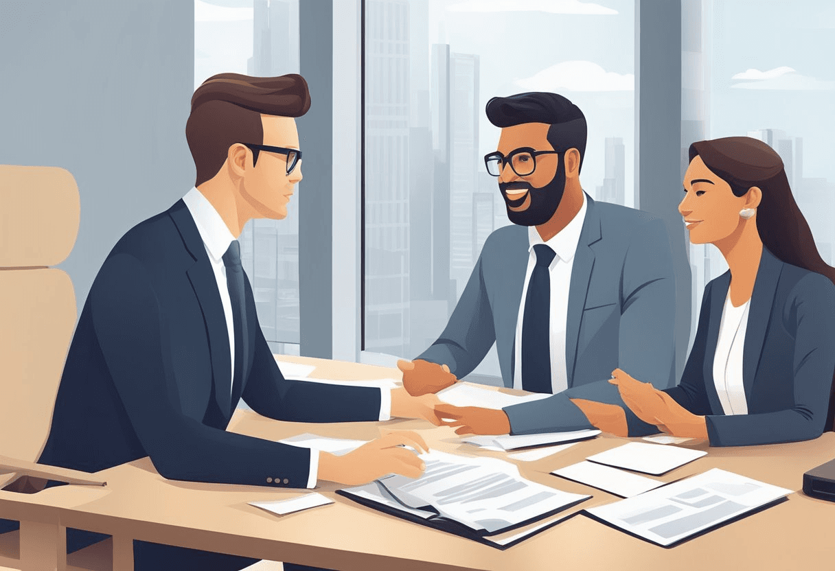 A manager confidently leads a diverse team, using a mix of authoritative and democratic management styles. The team works collaboratively and efficiently, with clear communication and mutual respect